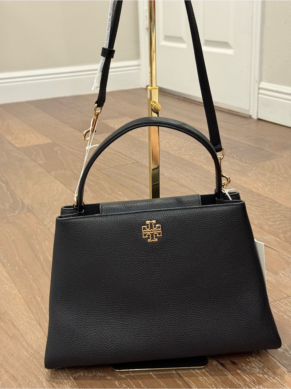 Tory Burch Black Pebbled Leather Top-Handle Satchel with Gold Logo crossbody